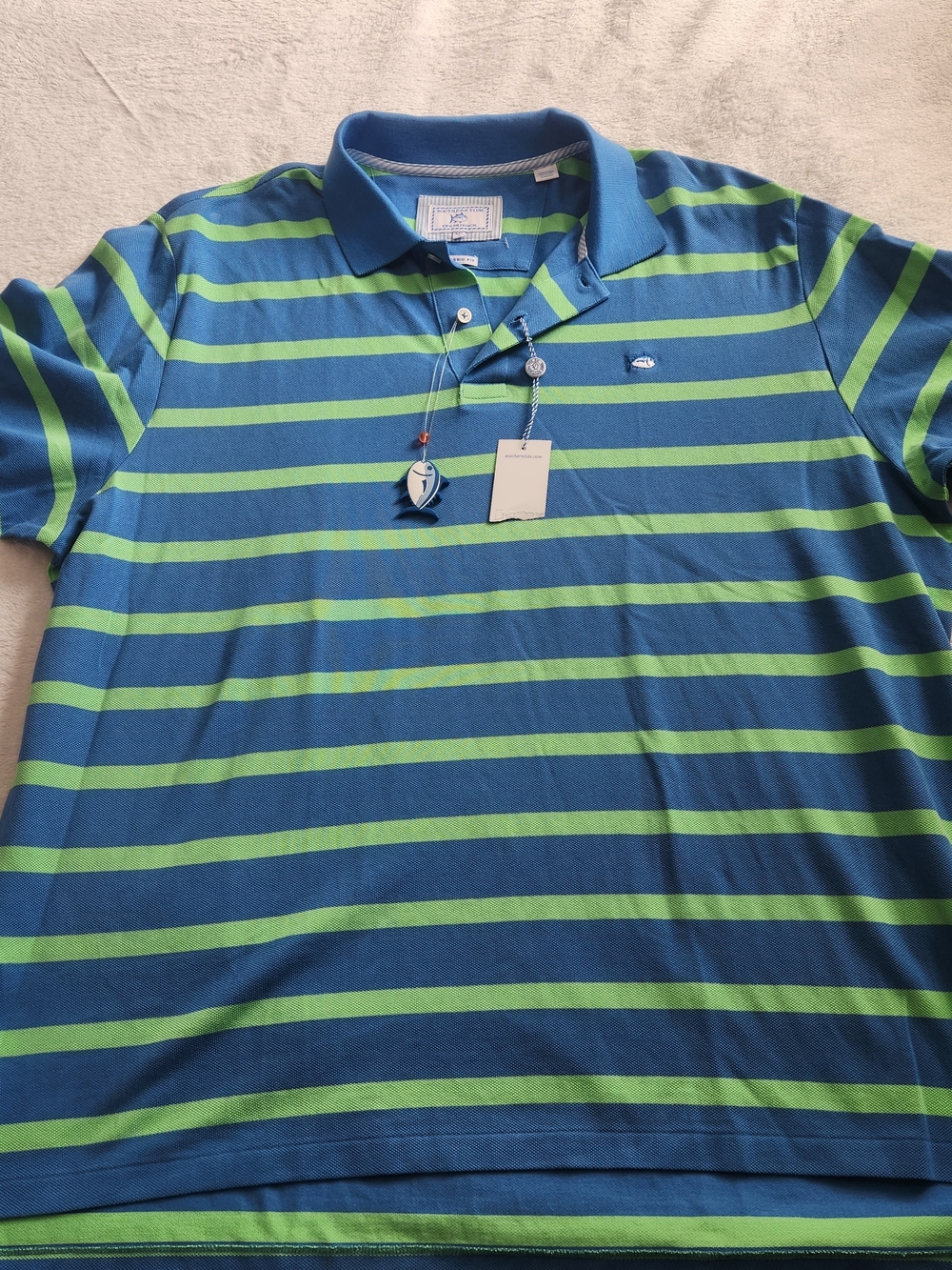 Southern Tide Men's Blue and Green Striped Polo Size XXL